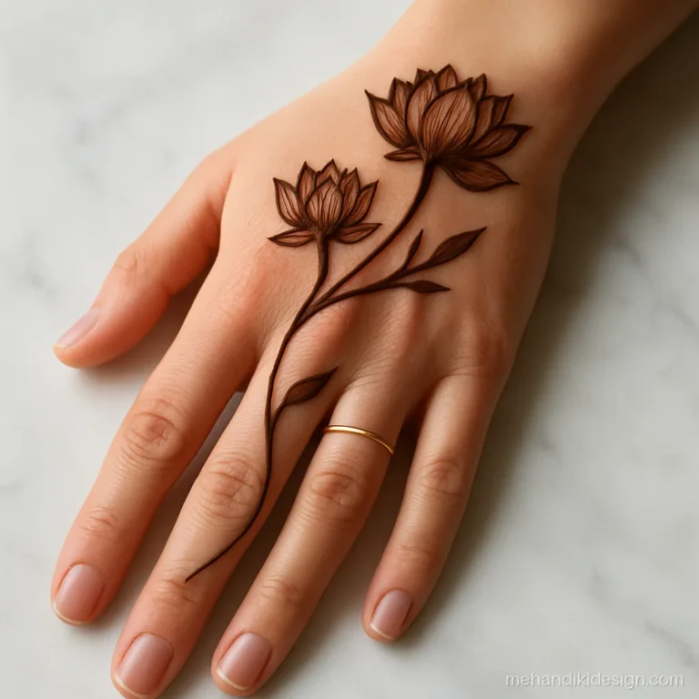 Mehendi design back hand lotus with an open and a half open lotus on crossing stems