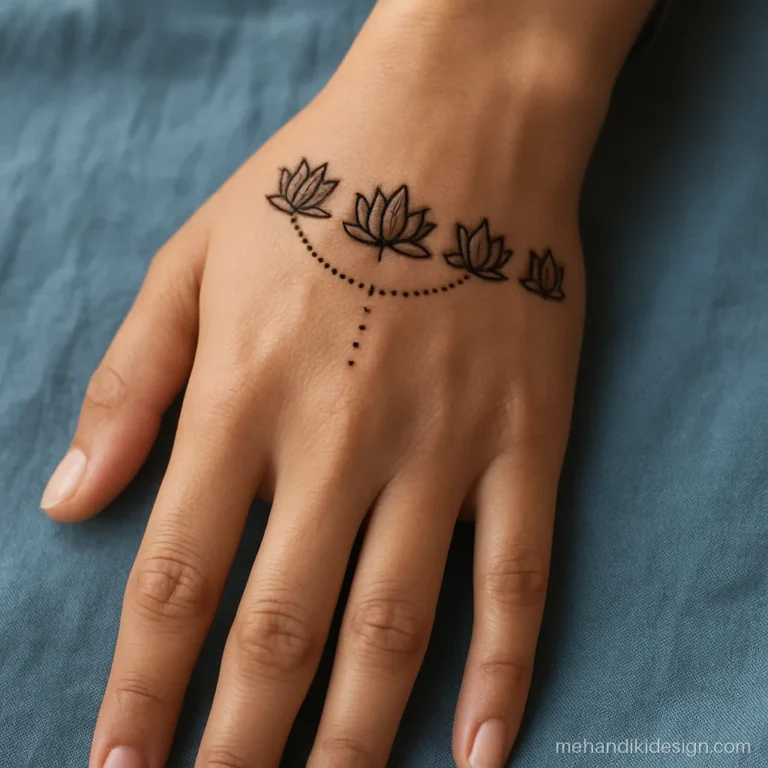 Mehndi designs simple back hand lotus with a row of tiny lotuses over the knuckles