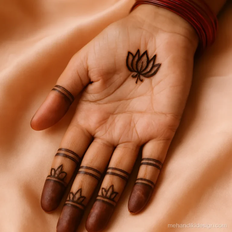 Mehndi ki design lotus with fingertip caps shaped like upside down lotus petals