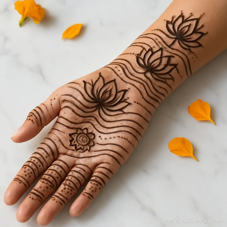 Onam mehandi design with lotus flowers floating on a pond pattern up the forearm