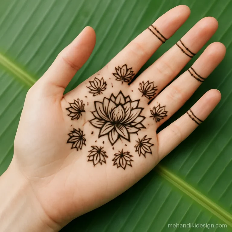 Lotus mehndi design with eight small lotuses arranged in a ring around a centre lotus