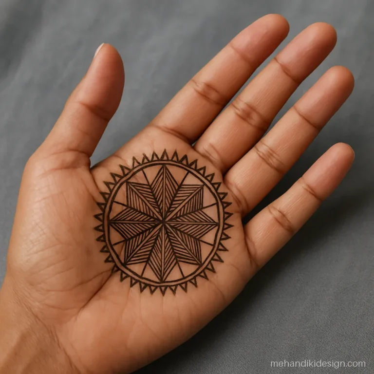 Mandala art mehandi on the palm with an eight-point geometric star