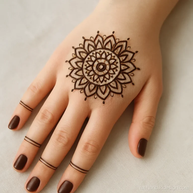 Mandala back hand mehandi design with classic petal rings