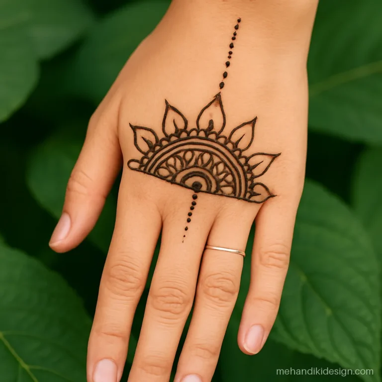 Back hand mehandi with a half mandala rising from the wrist