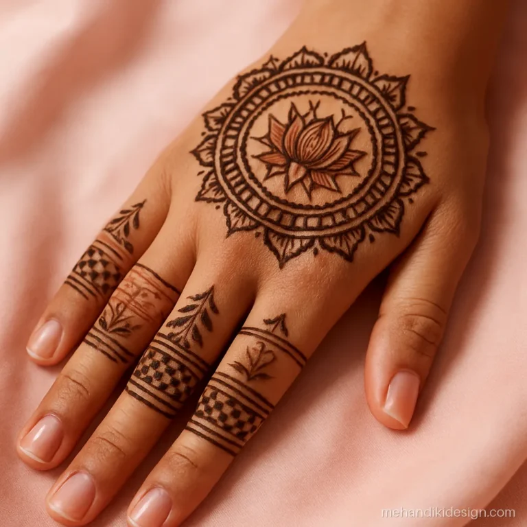 Mandala back hand mehandi with a lotus centre and checks