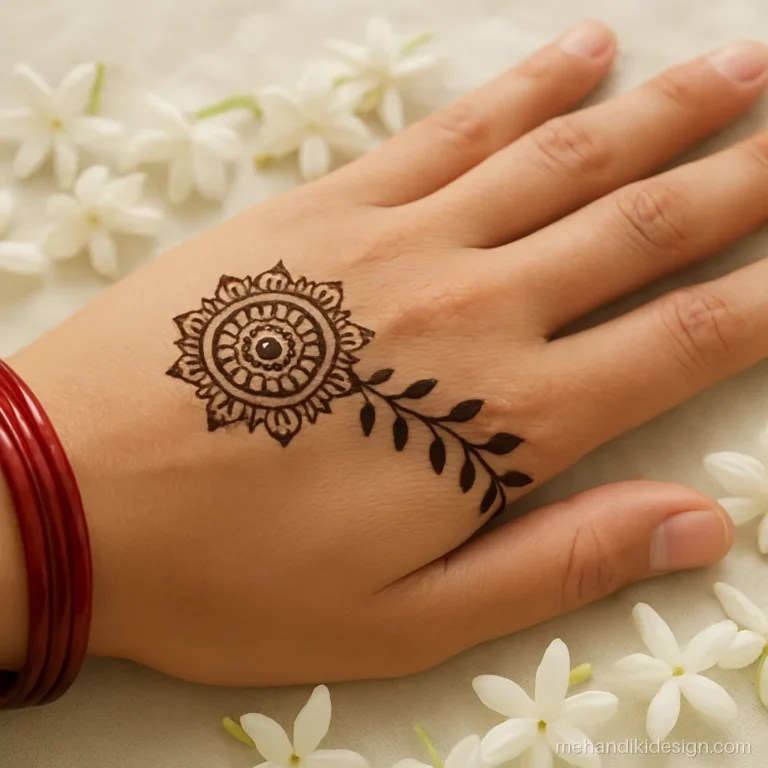 Off-centre mandala back hand mehandi near the thumb