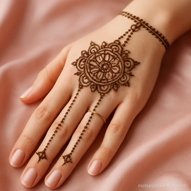 Mandala design mehandi with a mandala on the knuckles and hathphool chains