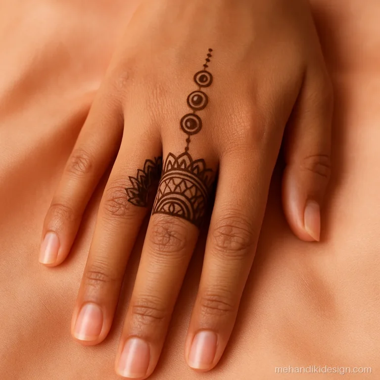 Mandala mehandi art with a half moon mandala climbing the middle finger