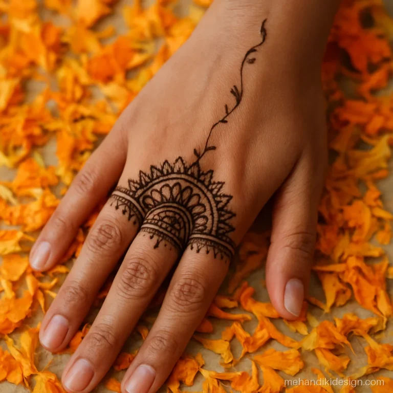 Half mandala mehandi design on the back hand near the wrist