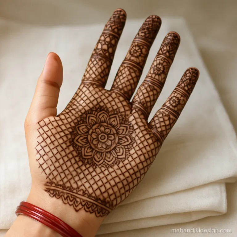 Round mehandi design with mandala centre and jaal net to the fingers