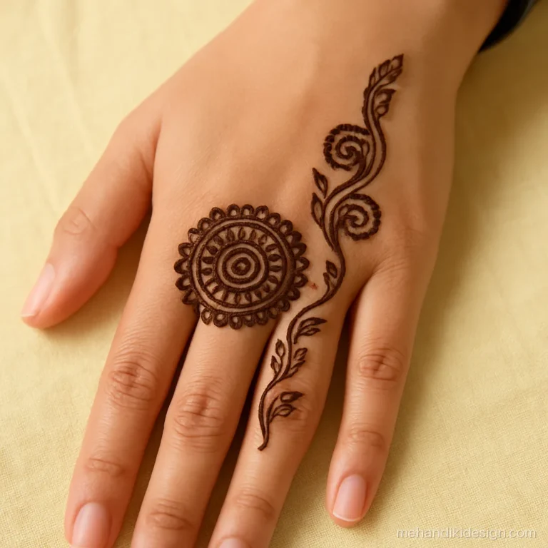 Mandala mehandi designs with an off-centre mandala and paisley trail