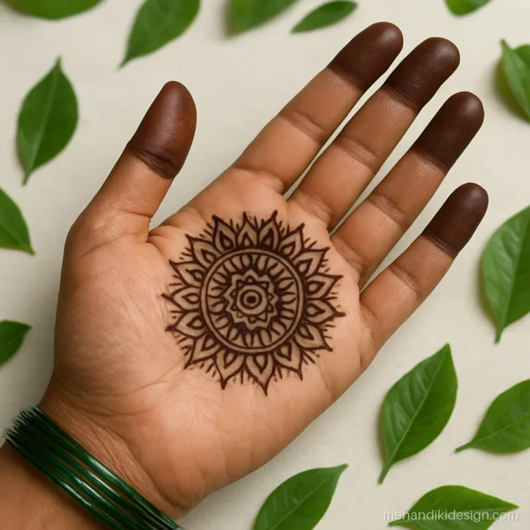Round mandala mehandi sticker design finished on an open palm