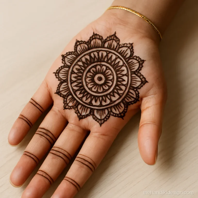 Mandala round mehandi design filling the palm with layered petal rings