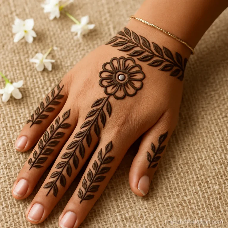 Mango leaf teej mehandi design with a border along the wrist and fingers