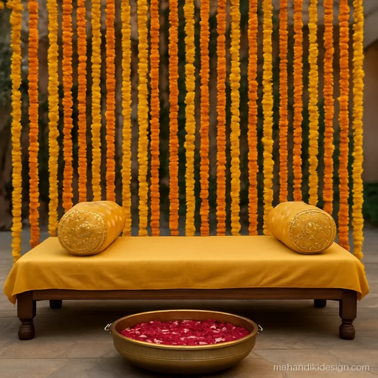 Mehandi function decoration with yellow and orange marigold strings behind a low stage