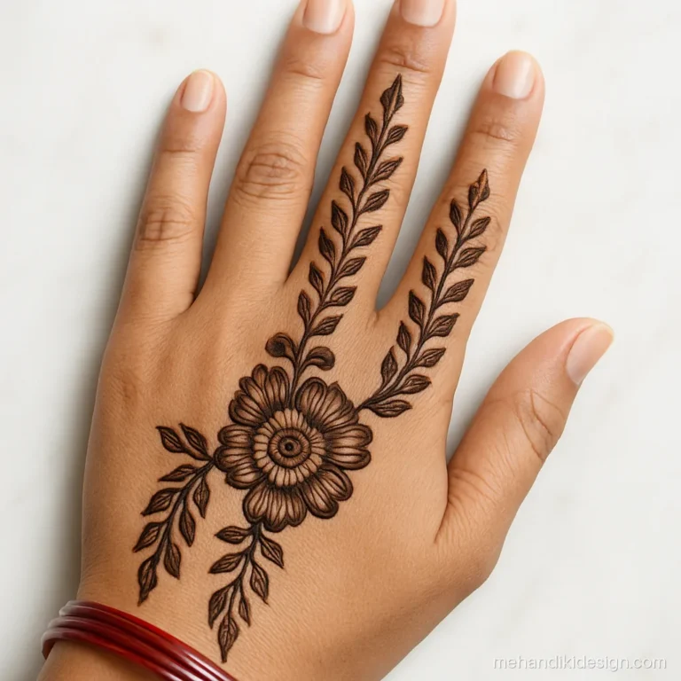 Mehandi arabic design with two mirrored floral trails meeting at the back hand centre