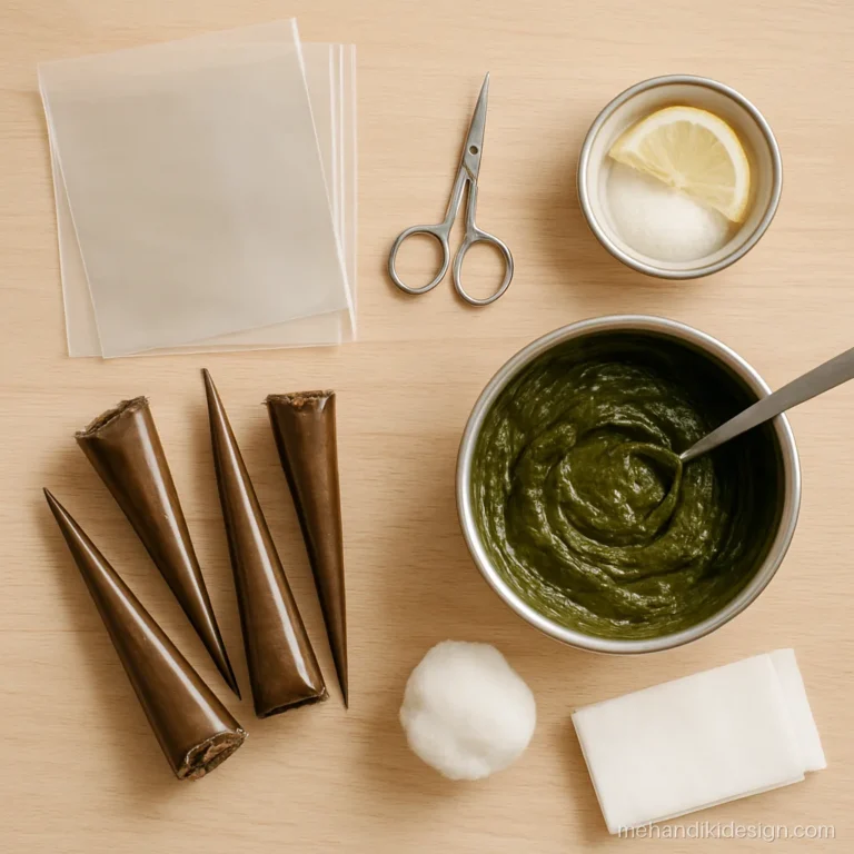 Mehandi art tools with cones, cellophane sheets, scissors and lemon sugar mix