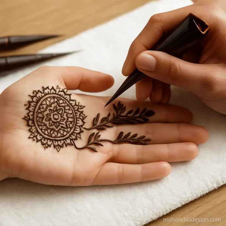 Mehandi artist's hand with a cone drawing on a client's palm, half done