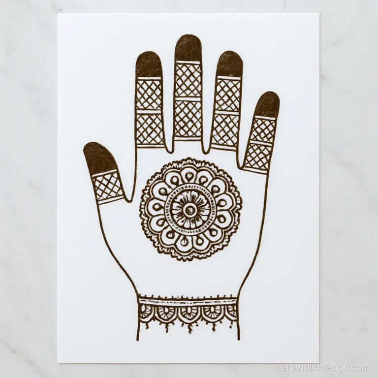 Mehandi chitra on paper with a palm outline holding a mandala and filled fingers