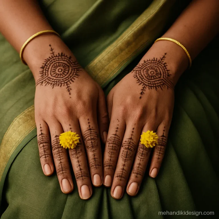 Mehandi colour saree jewellery combination with green saree, gold bangles and flower rings