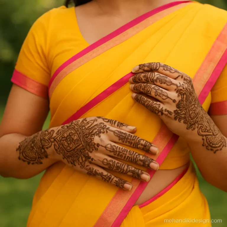 Mehandi colour saree in bright yellow with hennaed hands on the pallu