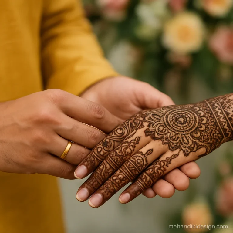 Mehandi colour shirt idea with a mustard kurta beside the bride's hennaed hands