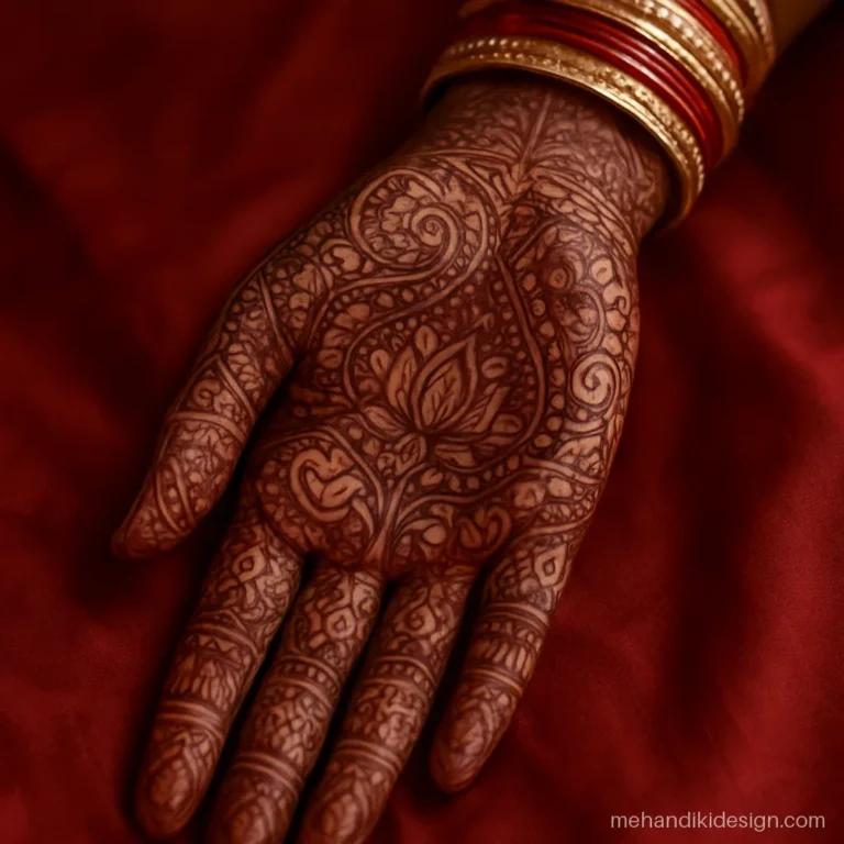 Deep maroon mehandi colour on a bridal palm two days after application