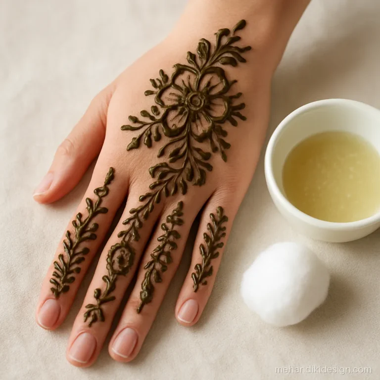 Mehandi paste drying on the hand sealed with lemon and sugar