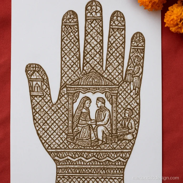 Mehandi competition design with a bride and groom scene under a mandap