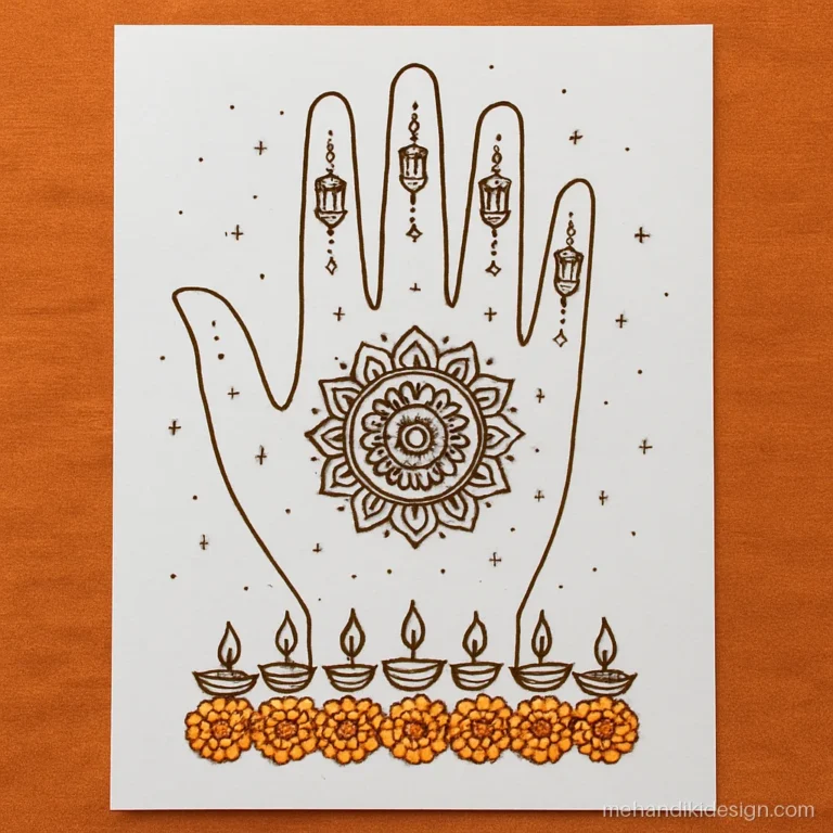 Mehandi competition drawing with a Diwali theme of diyas and rangoli