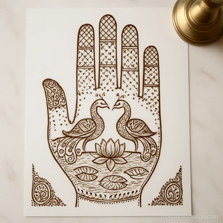 Mehandi competition first prize style drawing with peacocks and lotus