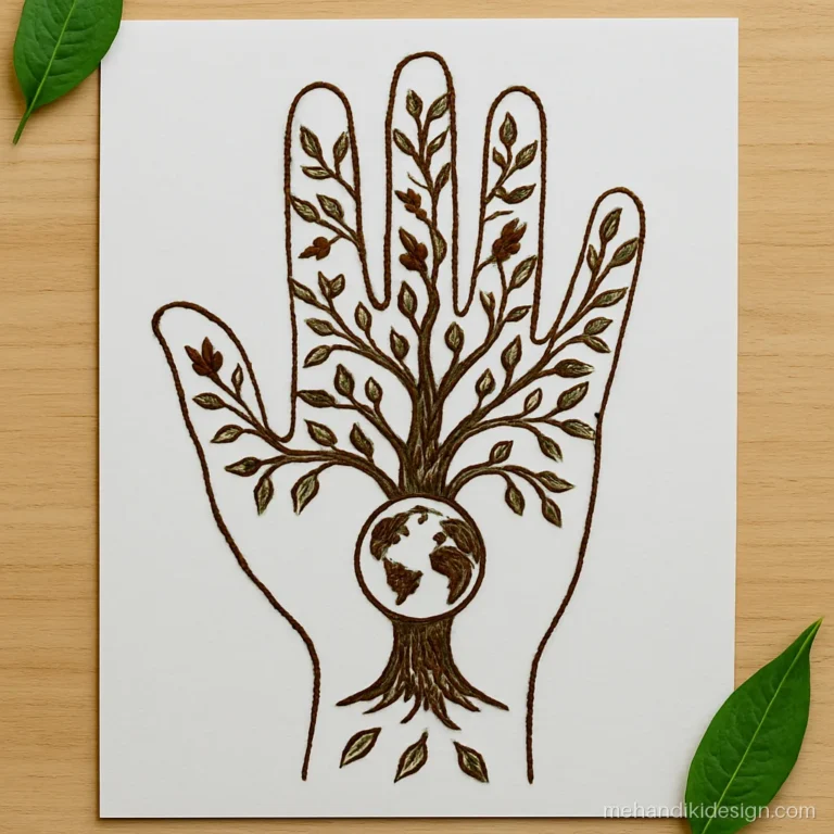 Mehandi competition themes drawing showing a save trees design on a hand outline