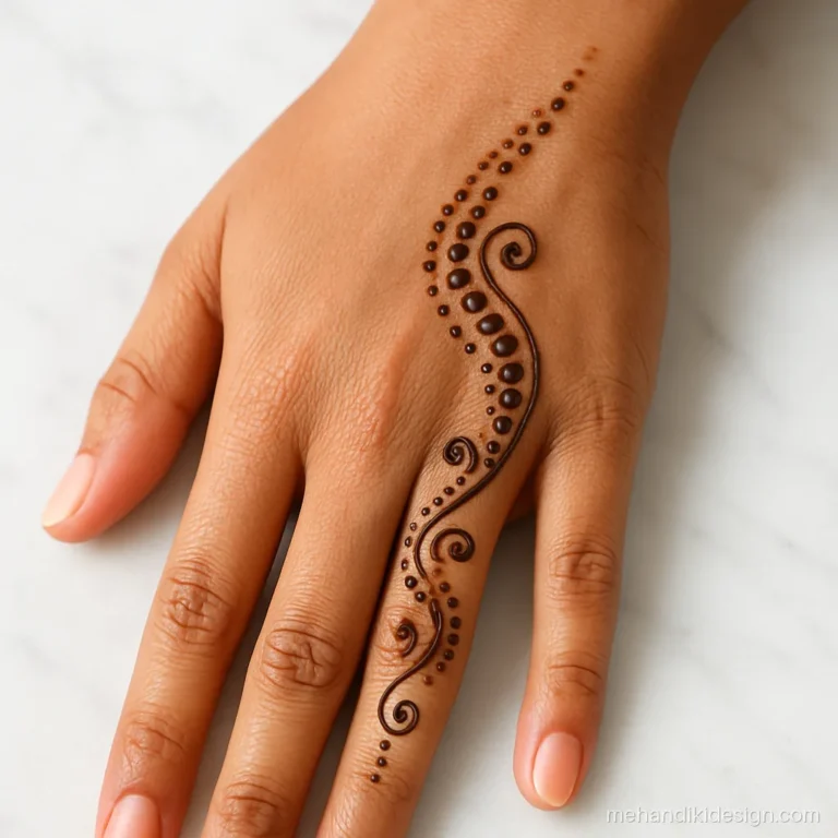 Mehandi cone design with dots and swirls placed in a curve on back hand
