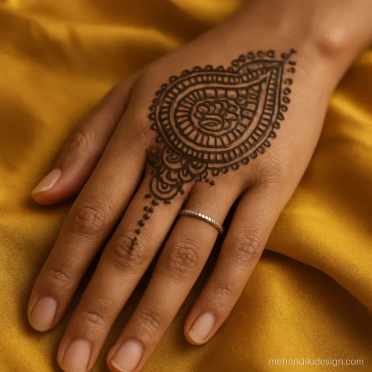 Mehandi cone design with a paisley drawn in thick outline and fine fill