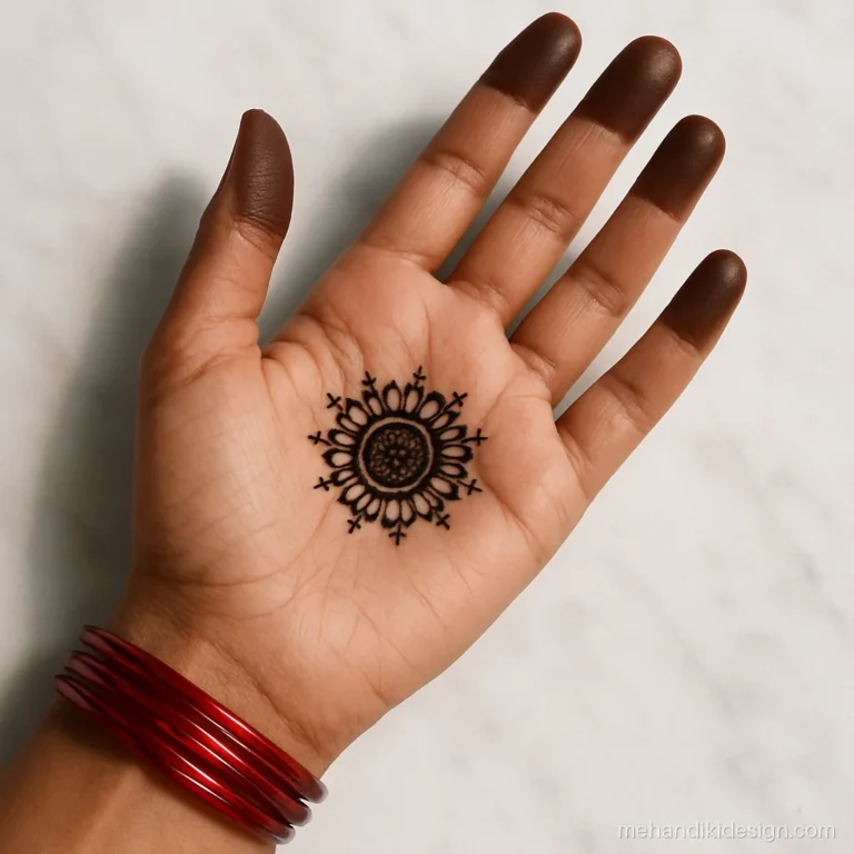 Mehandi cone design with a small sun mandala in the palm and dotted rays