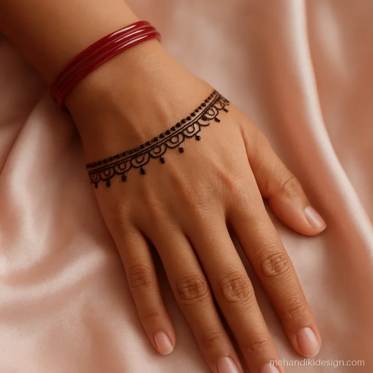 Mehandi cone designs simple with a scalloped wrist band and dotted edge