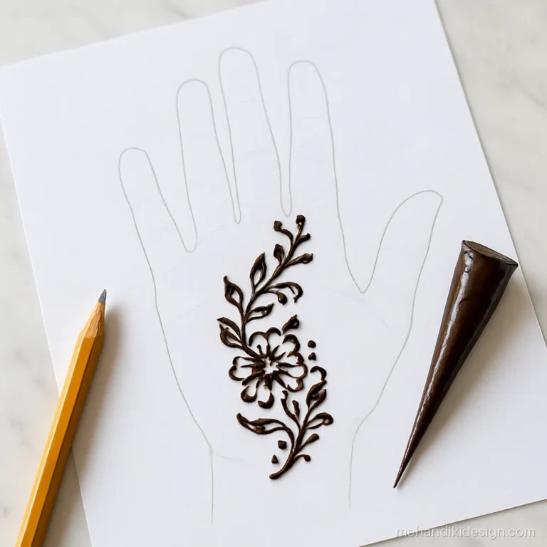 Mehandi cone practice on a hand outline drawn on paper with a simple trail