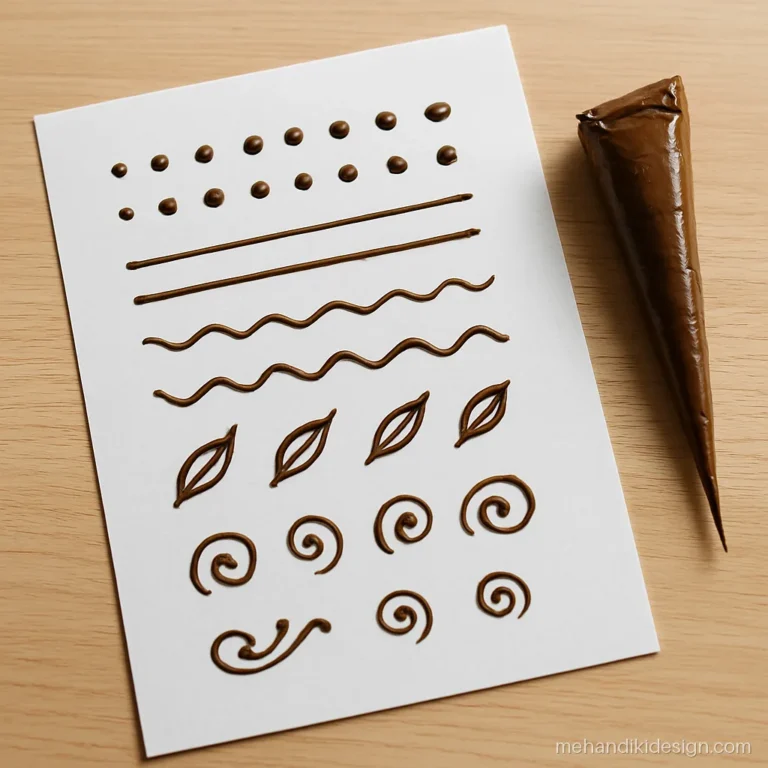 Mehandi cone practice sheet with dots, lines, leaves and swirls on paper