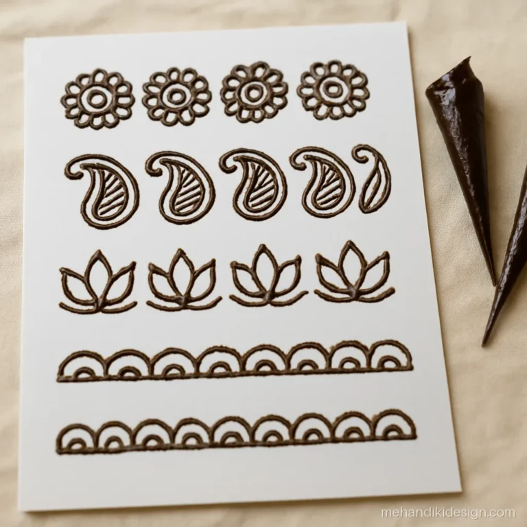 Mehandi cone practice sheet with flowers, paisleys and petals drawn in rows