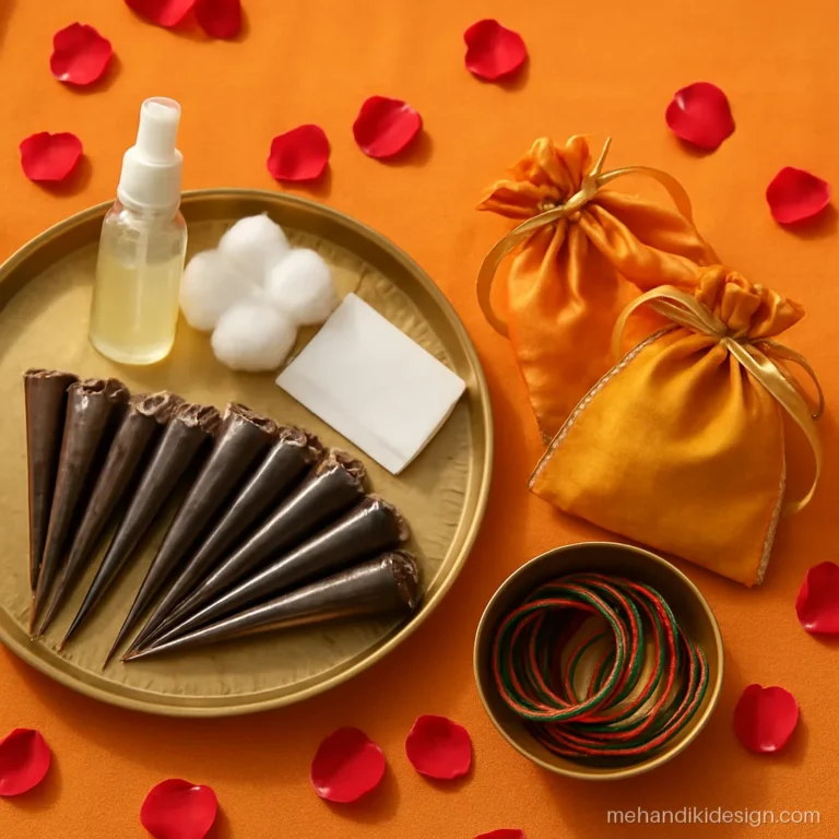 Tray of mehandi cones, lemon-sugar bottle and small guest favours on a table