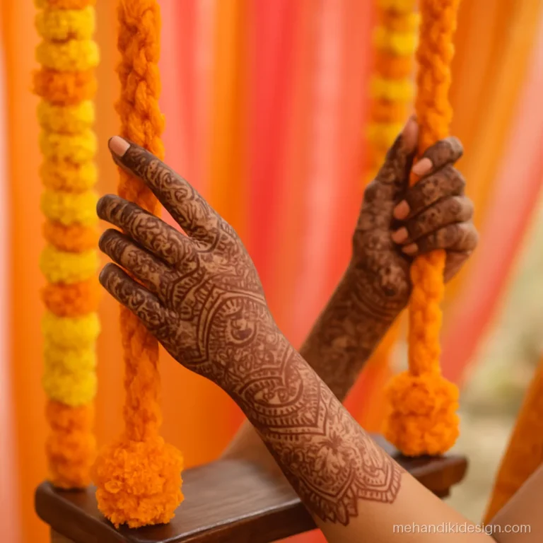 Mehandi decoration with a marigold swing and hennaed hands on the rope