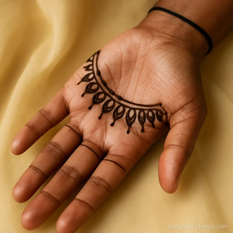 Mehandi design beautiful with crescent fringe across the upper palm