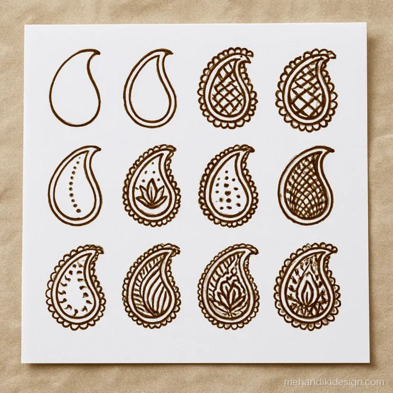Mehandi design drawing sheet showing twelve paisley variations from plain to filled