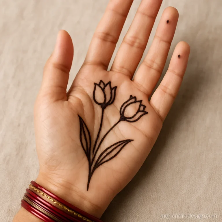 Mehandi design flower with a pair of tulips rising from the wrist