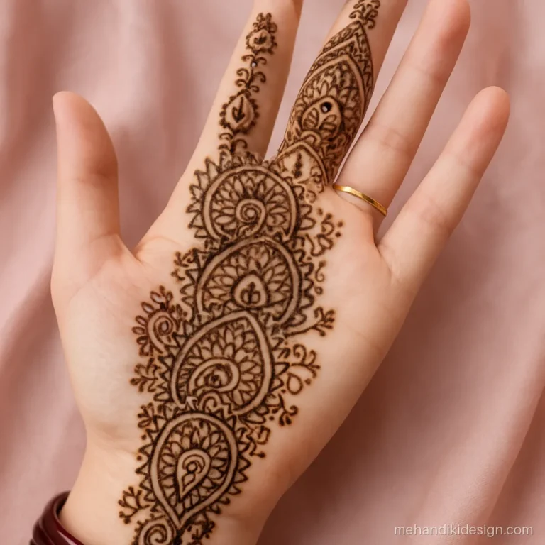 Mehandi design for bride with a paisley cascade down the palm and wrist
