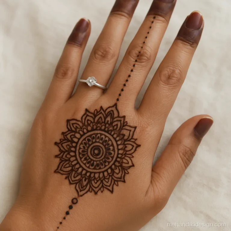 Mehandi design for engagement with a mandala leading to the ring finger