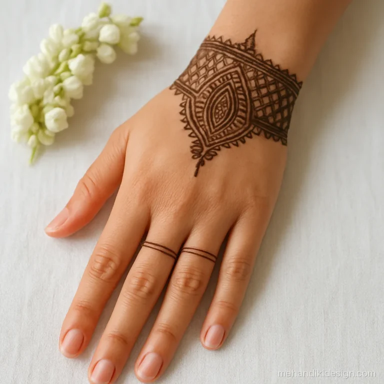 Mehandi design for left hand with a wide check cuff at the wrist