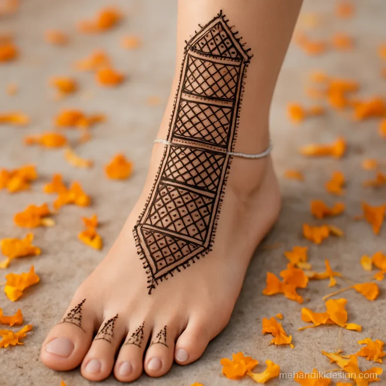 Mehandi design for leg with geometric panels and diamond borders