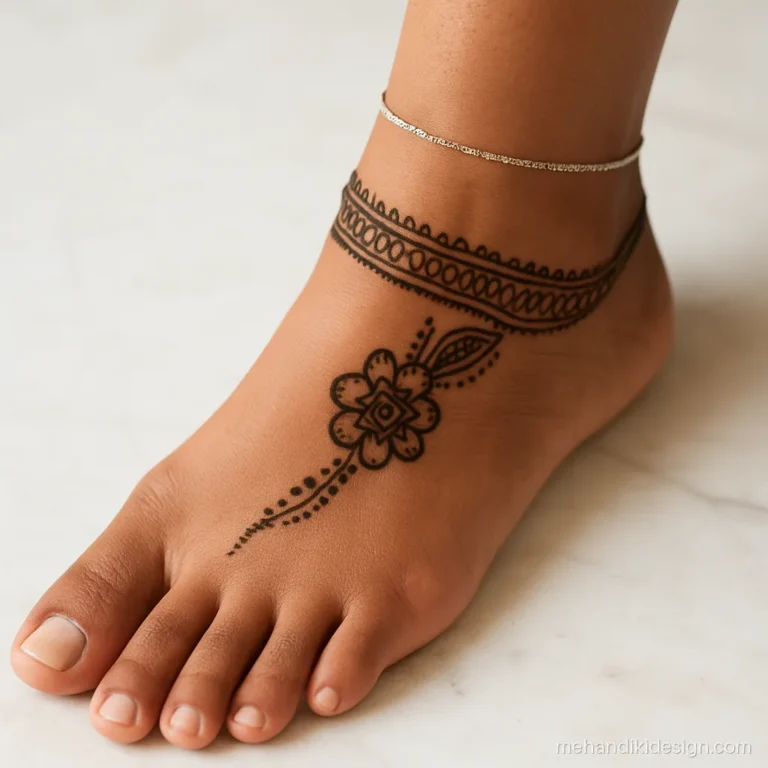 Mehandi design for leg with a spiral band wrapping the shin