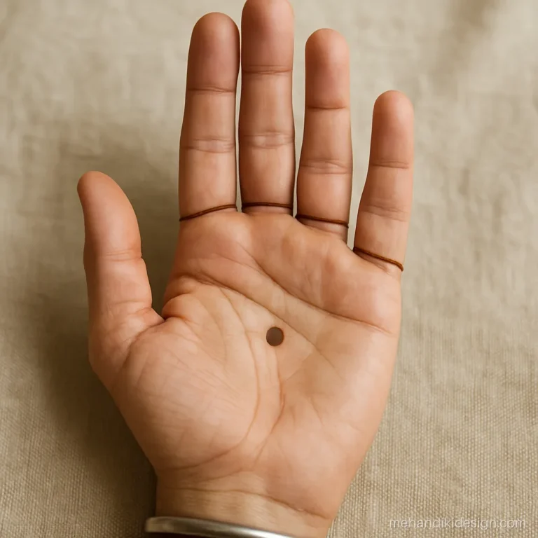 Mehandi design for men with thin finger rings and a palm dot